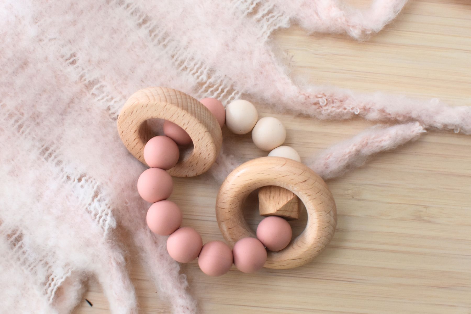 Wooden Silicone Rings Teether - Pink