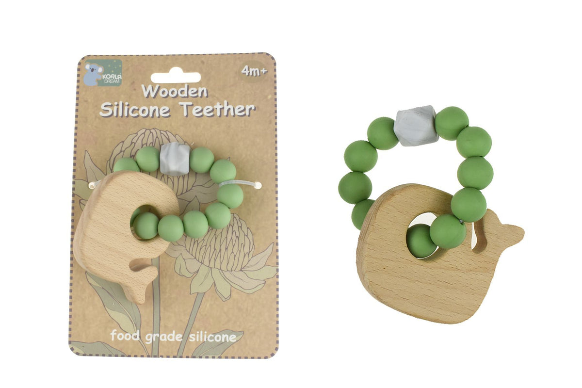 Wooden Silicone Whale Teether - Green