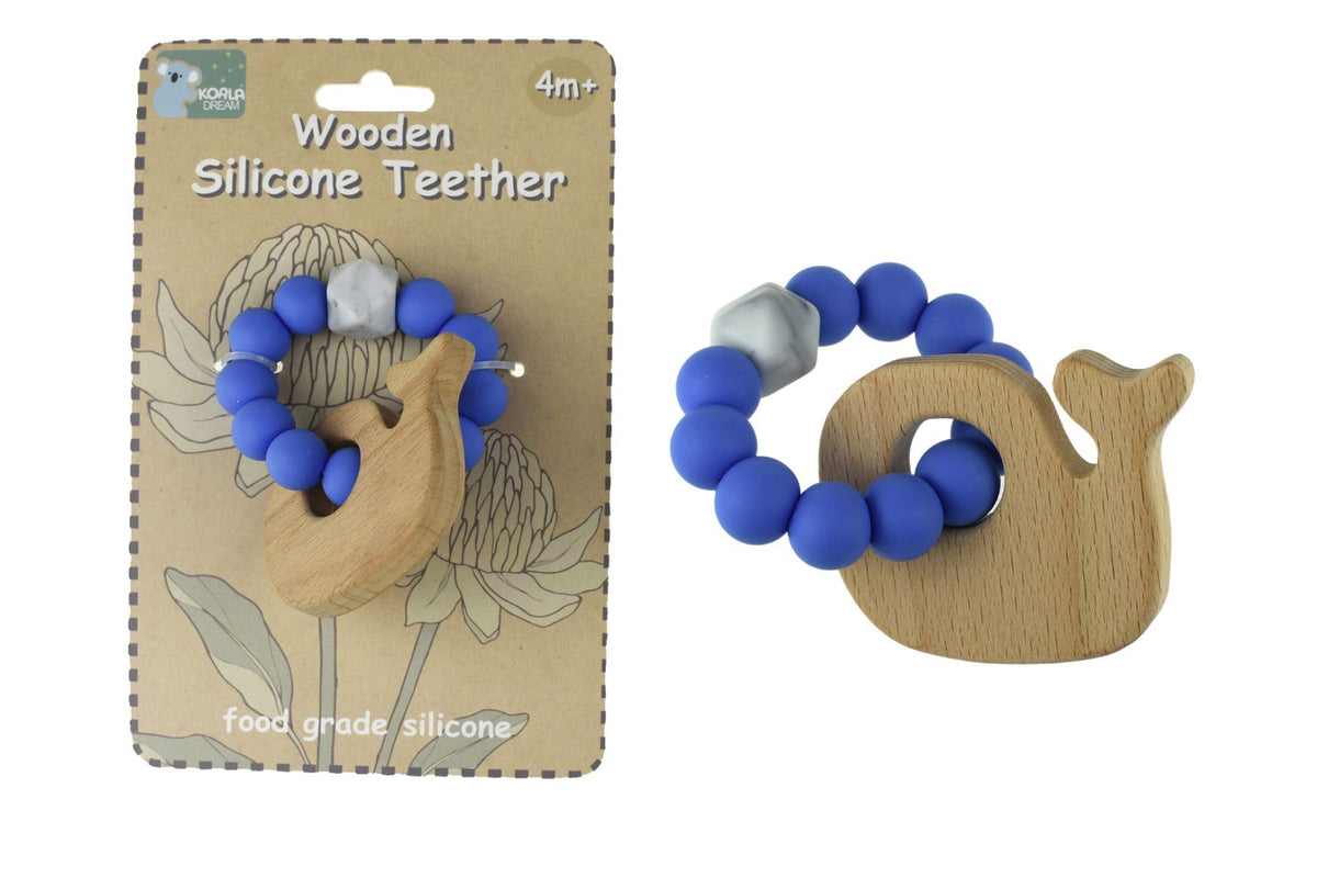 Wooden Silicone Whale Teether - Blue