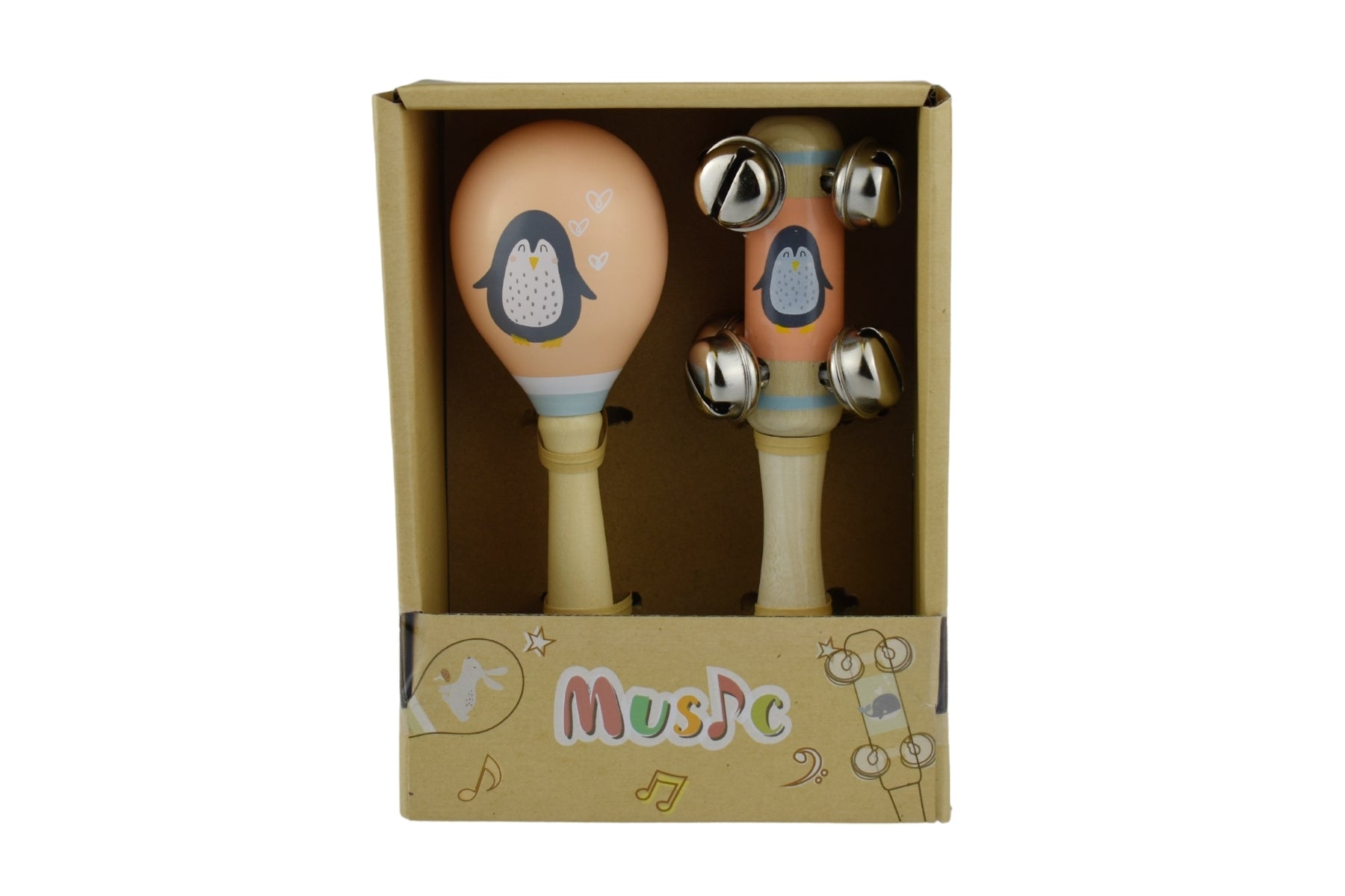 Calm & Breezy Penguin Wooden Maraca & Bell Stick 2Pc Music Set