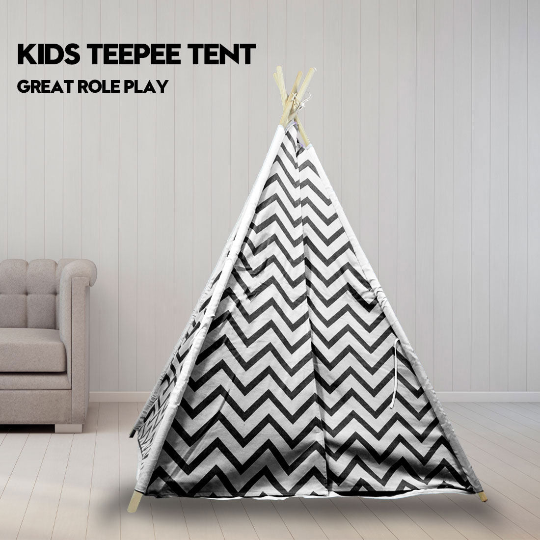 Giant Cotton Canvas Kids Teepee Wigwam - Black Pretend Play Tent for Indoor & Outdoor Fun
