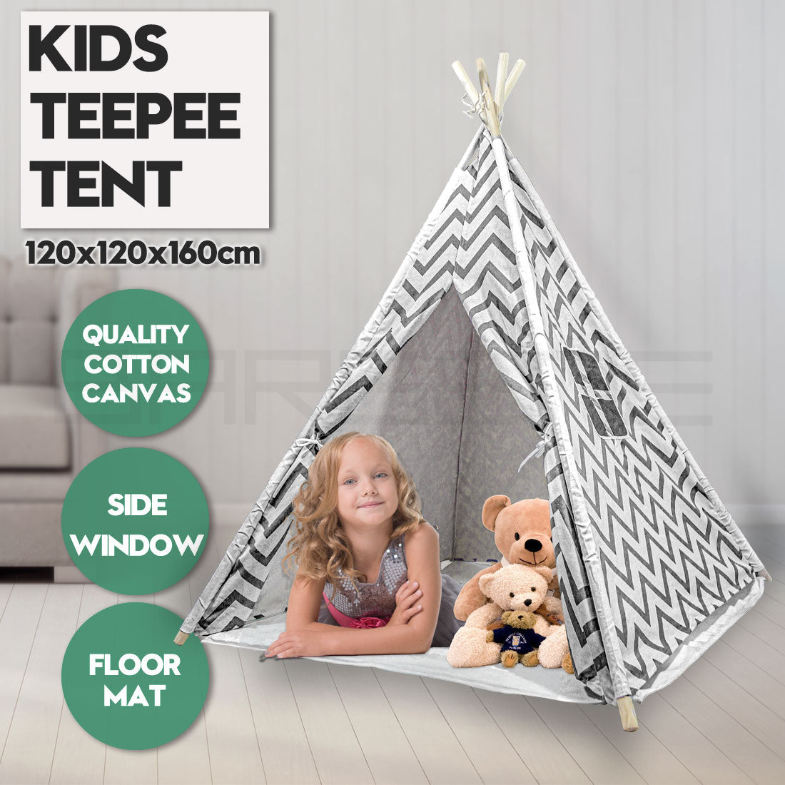 Giant Cotton Canvas Kids Teepee Wigwam - Black Pretend Play Tent for Indoor & Outdoor Fun