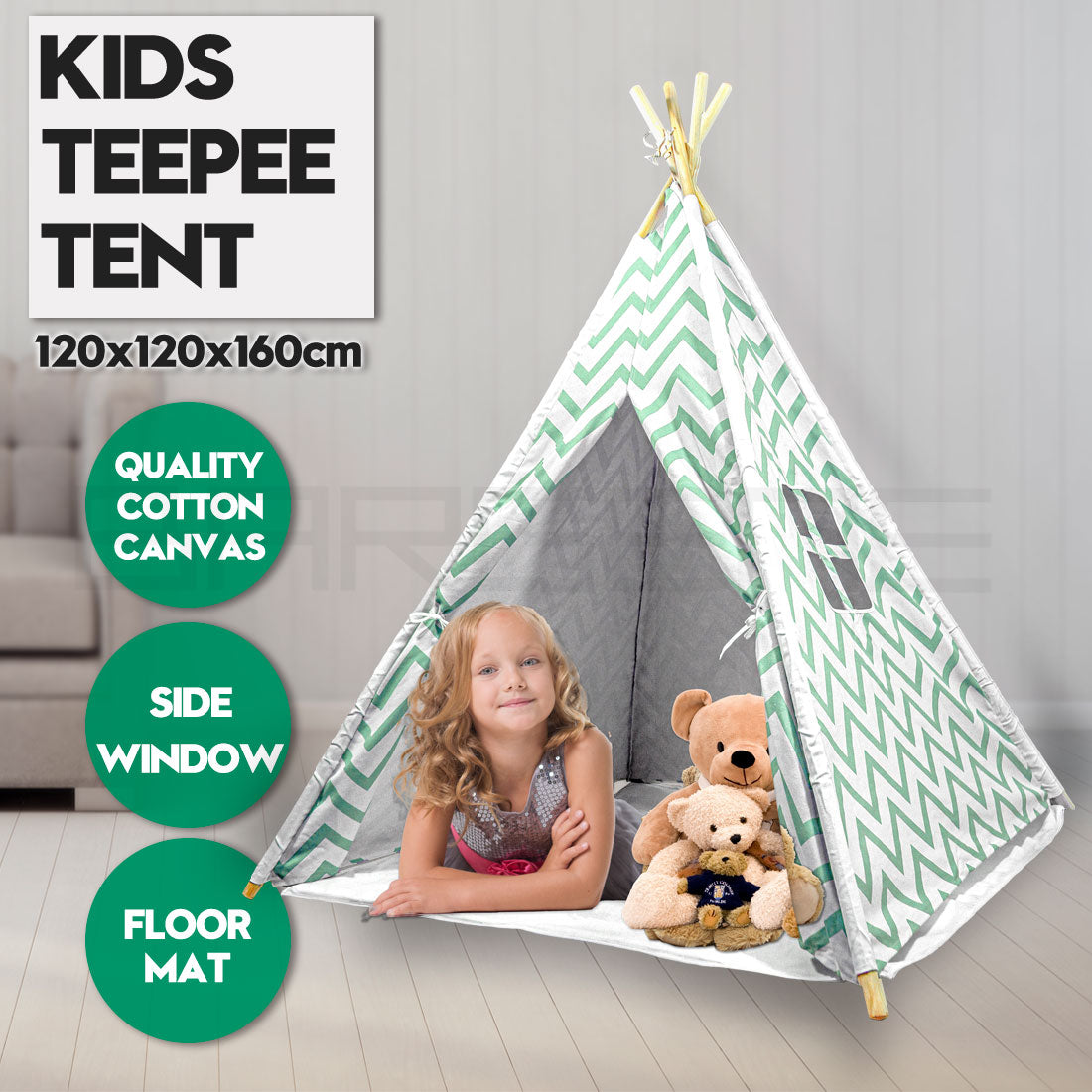 Giant Cotton Canvas Kids Teepee Wigwam - Green Pretend Play Tent for Indoor & Outdoor Fun