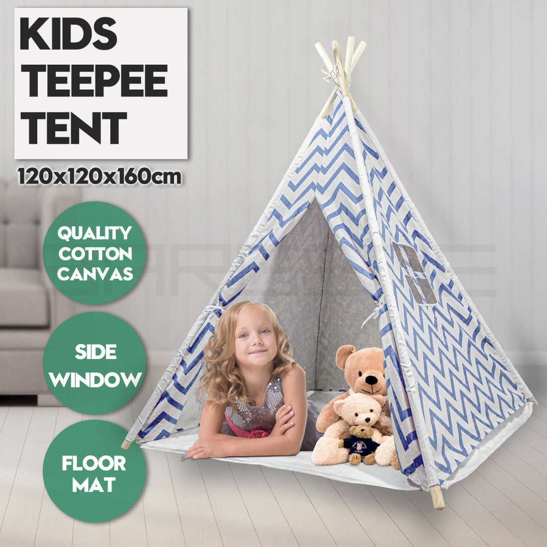 Giant Cotton Canvas Kids Teepee Wigwam - Navy Pretend Play Tent for Indoor & Outdoor Fun