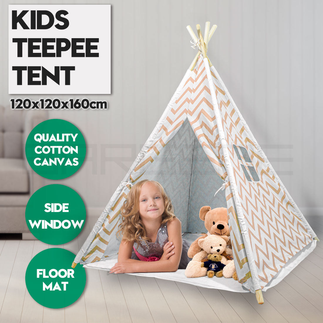 Giant Cotton Canvas Kids Teepee Wigwam - Orange Pretend Play Tent for Indoor & Outdoor Fun