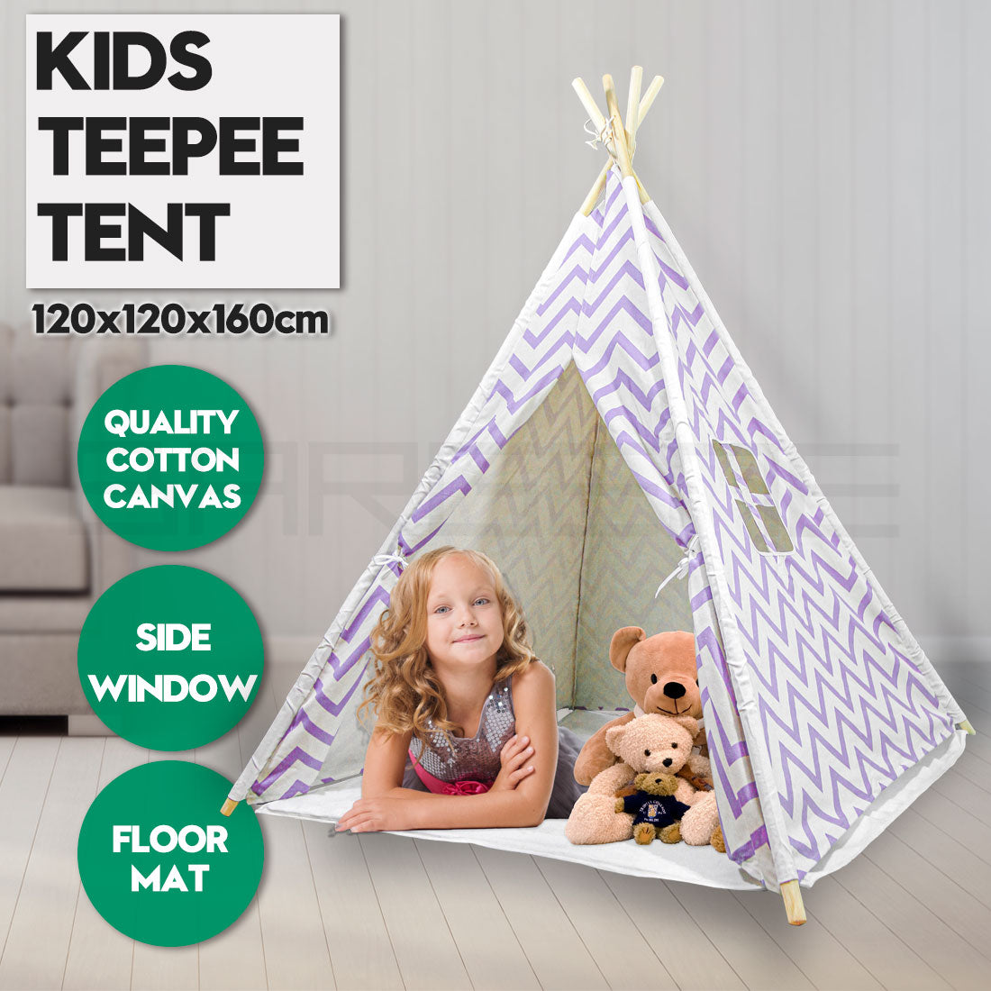 Giant Cotton Canvas Kids Teepee Wigwam - Purple Pretend Play Tent for Indoor & Outdoor Fun