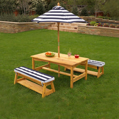 Elegant Outdoor Table and Bench Set with Cushions and Umbrella in Navy: The Perfect Kid-Sized Al Fresco Experience