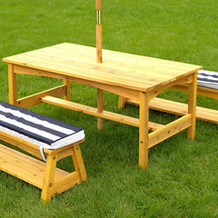Elegant Outdoor Table and Bench Set with Cushions and Umbrella in Navy: The Perfect Kid-Sized Al Fresco Experience
