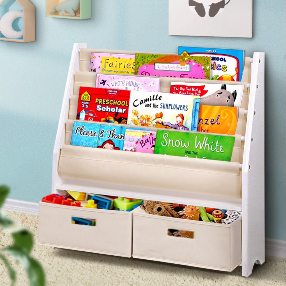 Keezi 4 - Tier Kids Bookshelf with Storage Bins | Bookcase Organizer