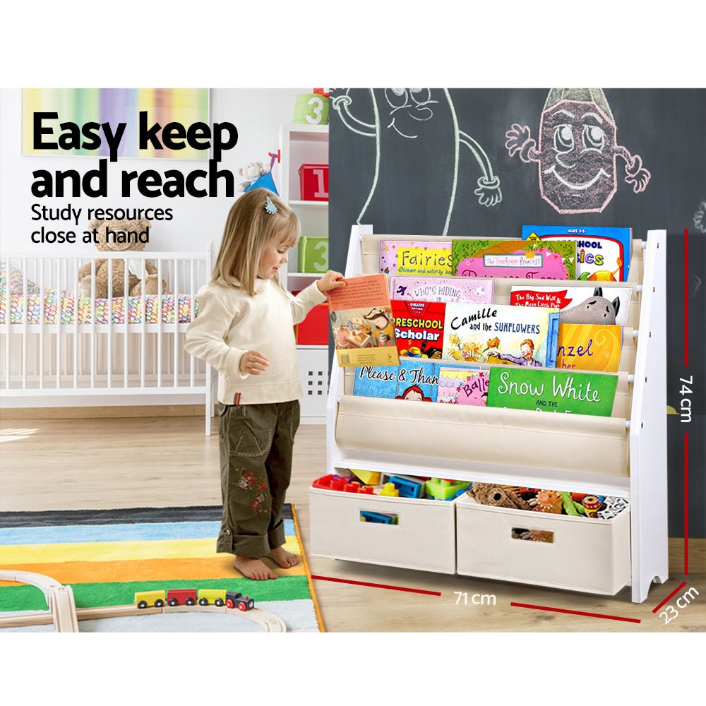 Keezi 4 - Tier Kids Bookshelf with Storage Bins | Bookcase Organizer