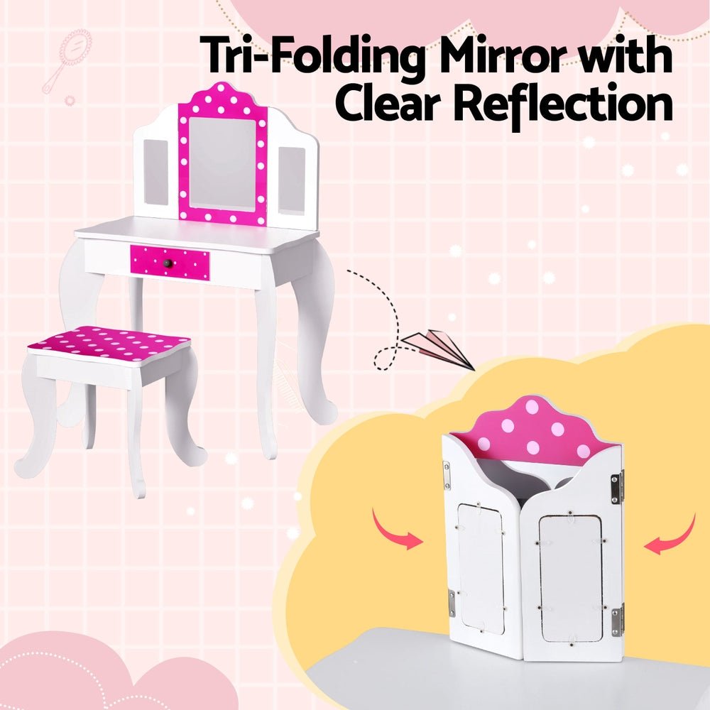 Keezi Kids Dressing Table & Vanity Chair Set | Pink 3 - Mirror Design with Drawer