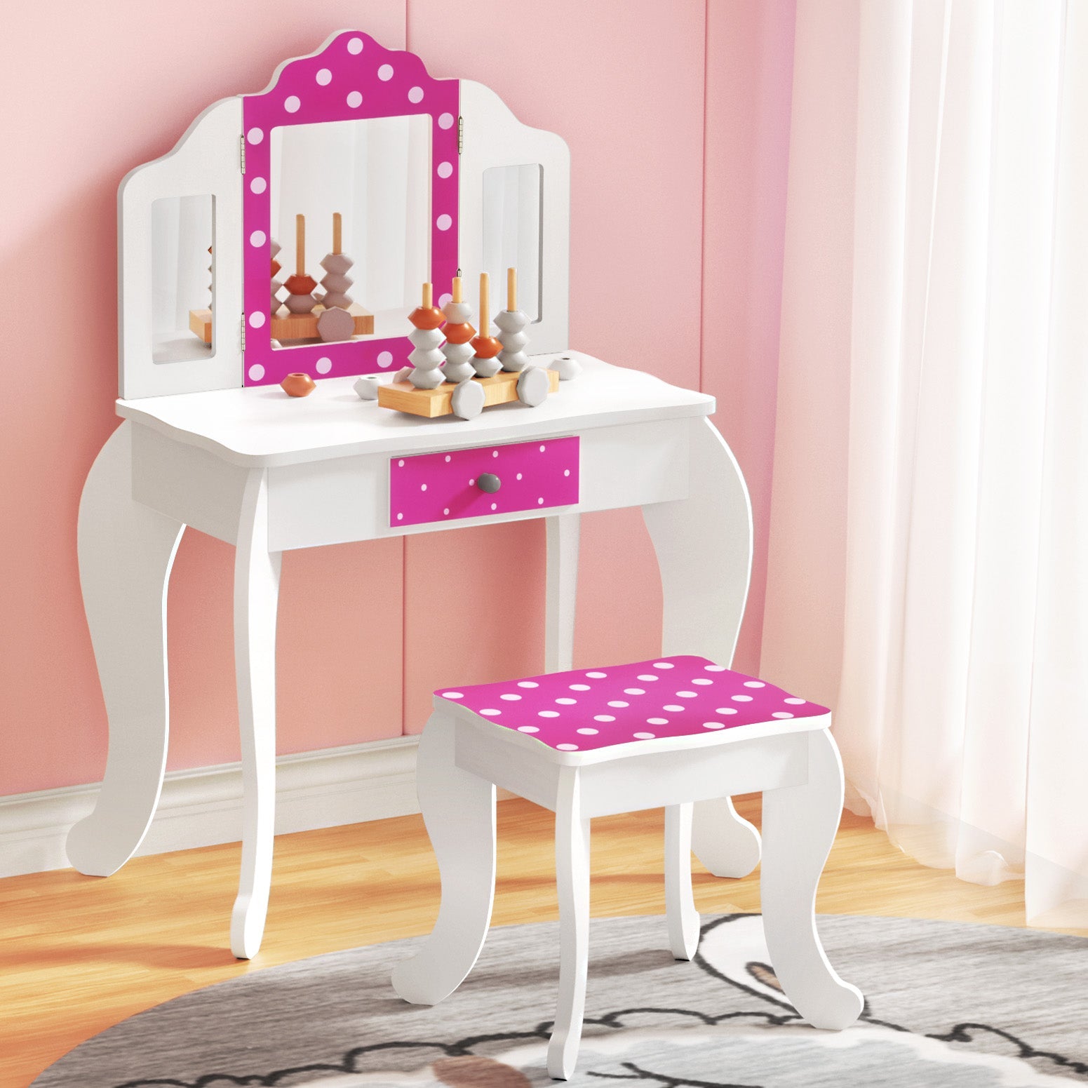 Keezi Kids Dressing Table & Vanity Chair Set | Pink 3 - Mirror Design with Drawer