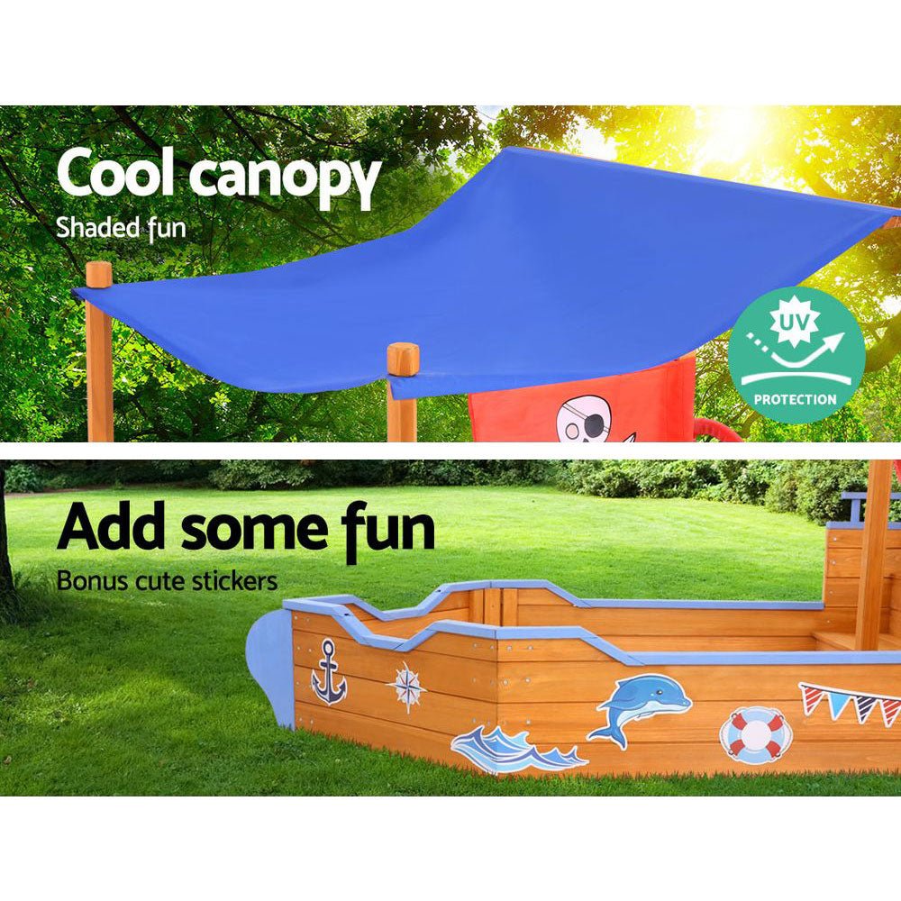 Keezi Kids Sandpit Wooden Boat Sand Pit with Canopy Bench Seat Beach Toys 165cm