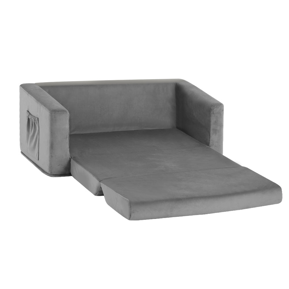 Keezi Kids Sofa 2 Seater Children Flip Open Couch Velvet Armchair Grey