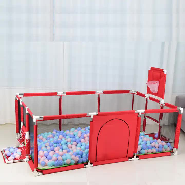 Large Kids Playpen with Basketball Hoop & Soccer Goal - 74x50 inches Baby Safety Activity Center, Indoor & Outdoor Play Yard (Red)