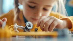 Close-up of a young girl assembling gears and mechanical parts as part of a STEM activity.