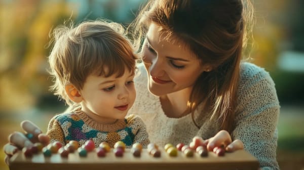 Mother and young child playing with a colorful Montessori bead toy outdoors.