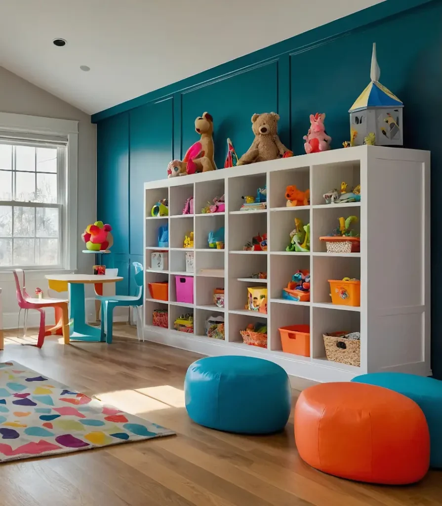 Colourful and organised children's playroom with a white cubby storage unit filled with toys, plush animals on top, and colourful bins. A small table with chairs and soft ottomans sits on a wooden floor with a multicoloured rug.
